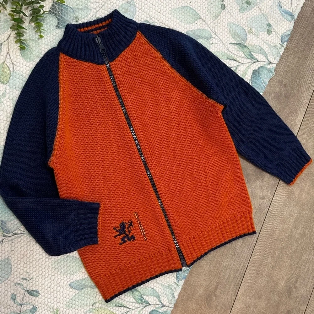 Vintage Boys Orange Navy Blue Knit Sweater Jacket Coat Size Small Netherlands